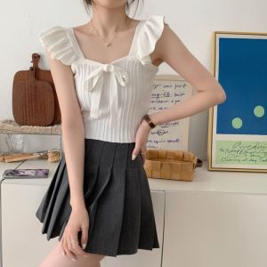 PM✿ Ruffle Edge Tank Top Solid Color Bow Knot Tank Top Gentle Korean Style Sleeveless Top