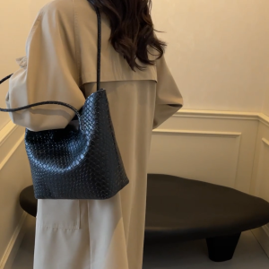Classic PU Textured Woven Leather V Shaped Shoulder Tote Bag
