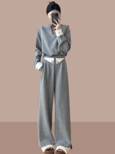 ชุดสองชิ้นลำลองสำหรับผู้หญิง แขนยาว กางเกงขากว้าง ทรงหลวม สไตล์ฤดูใบไม้ร่วง ฤดูใบไม้ผลิ ฤดูใบไม้ร่วง ฤดูหนาว ชุดทำงาน