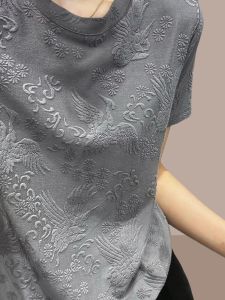 Unique European Sweet Spicy Slimming Meat Concealing Small Top Grey Embroidered Shoulder Short Sleeve Womens T-shirt Summer Spring Trend