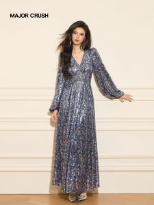 French Blue Dream Star Beads Print Luxurious Dress