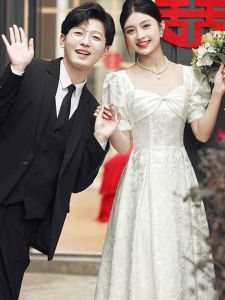 ชุดแต่งงานสไตล์เจ้าหญิงสีชมพู ชุดราตรียาวปานกลาง แขนสั้น ทรงเอ ผ้าโพลีเอสเตอร์ 95% เส้นใยอื่นๆ 5%