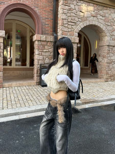 เสื้อกั๊กแขนกุดขนแกะสไตล์อเมริกันสำหรับผู้ชาย ฤดูใบไม้ผลิและฤดูใบไม้ร่วง แฟชั่นลำลอง แขนสั้น ทรงเข้ารูป ปกติ