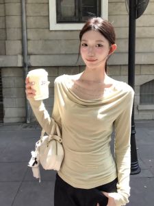 Áo Thun Nữ Tay Dài Màu Xanh Lá Cây Phong Cách Hàn Quốc Mùa Thu Thiết Kế Cổ Điển Độc Đáo Cao Cấp Thoải Mái Cotton 100%