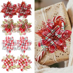 4Pcs Plaid Glitter Christmas Flowers with Clips for Wreath Xmas Tree Ornament Fake Flower Party Christmas Decoration 11cm