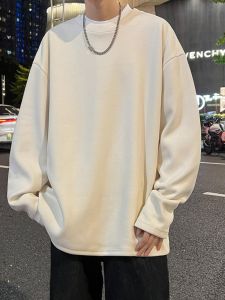 เสื้อยืดคอกลมแขนยาวหลวมๆ ลำลองสำหรับผู้ชาย ฤดูใบไม้ร่วง/ฤดูหนาว เสื้อชั้นในผ้าเดอร์โมลินสีพื้น ทรงหลวม แฟชั่นอเมริกัน