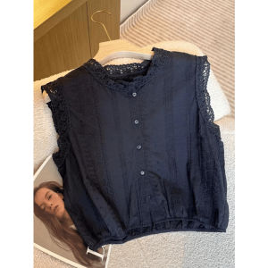 Summer 2025 New Style Lace Trim Shirt Womens Short Sleeveless Top Elegant Small Shirt Hollow out Design Vintage Commute Fashion