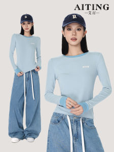 Fall New Style Womens Slim Fit Long Sleeve T-Shirt Short Base Internal Shirt Color Collision Sense of Fashion Casual Top