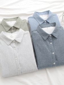 Womens Fleece Lined Thickened Striped Shirt Warm Loose Fit Inner Base Layer Shirt Versatile Top Korean Style Commute Pure Cotton