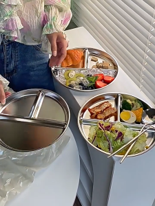 ถาดหลุม3ช่อง จานแบ่งอาหาร ทรงกลม จานสแตนเลส3ช่อง SUS304 จานข้าวแบ่งช่อง