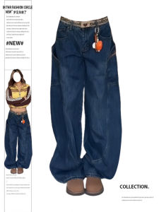 พลัสไซส์ ชุดทํางานวินเทจสีน้ําเงินขากว้าง เดนิม กางเกงยีนส์ ผู้หญิง หลวม ใหญ่ กระเป๋าเสื้อ ขอบมีดบาน กางเกง