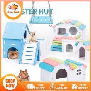 Small Pet Hamsters Toy Hamsters House Small Castle Garden Villa Climbing House Ranch Cottage Swings Wooden Hamsters House Hideout Hut For Exercise Natural Funny Toy