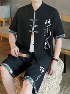 ชุดเสื้อยืดแขนสั้นผู้ชายสไตล์จีนหนุ่ม ทันสมัย ฤดูร้อน เสื้อผ้าไซส์ใหญ่ ชุดฮั่นฝู พิมพ์วัฒนธรรมจีนแบบดั้งเดิม