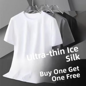 Ice Silk Short Sleeve T-Shirt Mens Summer Thin Loose Versatile Breathable Cool Quick Dry round Neck Solid Color Large Size Top