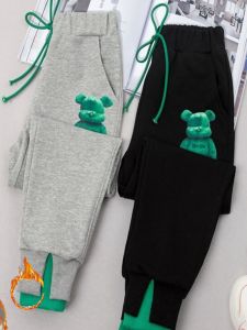 Girls Fleece Lined Sports Pants Casual Outerwear Autumn Winter Childrens Clothing Cotton Polyester Blend Comfortable mid Waist