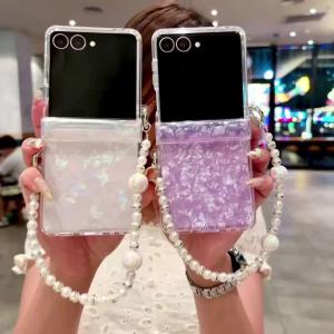 Ốp Lưng Cứng Acrylic Họa Tiết Vỏ Sò Sang Trọng Cho Samsung Galaxy Z Flip 7/6/5/4/3 Kèm Dây Đeo Tay - Chống Bụi Chống Trầy Xước Chống Trượt