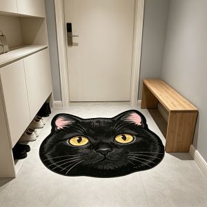 VIKAMA Cute Black Cat Round Rug Non Slip Entryway Mat Soft Bedroom Bedside Carpet Home Decor