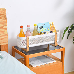 Elegant Multifunctional Desktop Storage Basket with Wooden Stand and Mesh Organizer - White