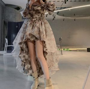 【Bestselling Product】 French Tea Break Style Stitching Long Sleeve Temperament Fashion Narrow Waist Slimmer Look Irregular Floral Dress
