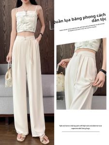 YAMIANNV | Quần ống rộng bằng lụa băng cho nữ mùa hè mỏng cạp cao xếp ly thẳng quần dài thường ngày phong cách Trung Hoa mới