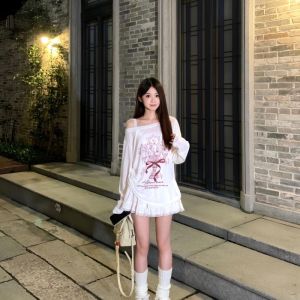 Áo Thun Dài Tay in Họa Tiết Graffiti Phong Cách Hàn Quốc Mùa Hè 2025 Áo Khoác Mỏng Rộng Rãi Cho Nữ Áo Khoác Vai Chéo Gợi Cảm