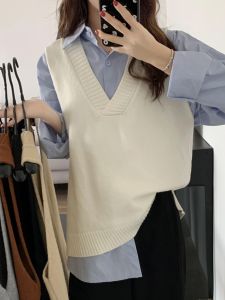 Áo Len Dệt Kim Cổ Chữ V Không Tay Dáng Rộng Cho Nữ Mùa Thu Màu Trơn Phong Cách Lười Biếng Thường Ngày Chất Liệu Khác