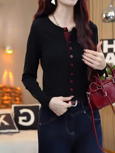 European Goods Fancy round Neck Straight Buttons Long Sleeves T-shirt Womens Autumn New Arrival Silm Slim Looking Easiest for Match Bottoming Shirt Tops