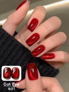 1-6pcs PSK Christmas Nails Red Transparent Half Sky Cat Eye Gel Nail Polish 2025 New Flash Cherry Wine Glass Bead Nail Art