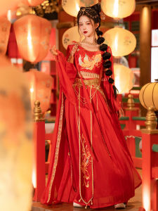 ชุดฮันฟู่สไตล์ดินแดนไกลแบบปรับปรุงใหม่ ชุดเจ้าหญิงสไตล์จีนโบราณ ชุดกระโปรงยาวปานกลางผ้าโพลีเอสเตอร์ 100%