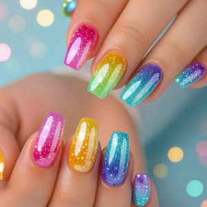Short Medium fake nails for women gilr Y2K gradient pink blue yellow red colors for Spring summer full cover press on false nail