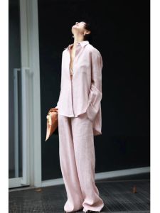 High-End Pink Linen Set Women Summer Anti-Aging Fashionable Thin Sunscreen Shirt Wide Leg Pants Loose Feel Two-Piece Set