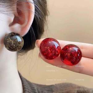 Amber Gold Foil Vintage Transparent Brown round Ball Earrings Pearl Womens Fashion Jewelry Face Slimming Versatile Elegant