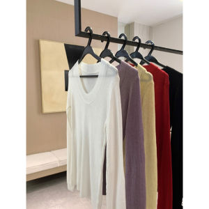 Retro Korean Style Womens Knitted Base Shirt Slim Fit V-Neck Short Sleeve Long Sleeve round Neck Regular Length Inner Wear