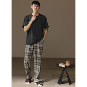 me home wear | Couple Summer Cotton Round Neck Short Sleeve Long Pants Loose and Simple Thin Pajama Set