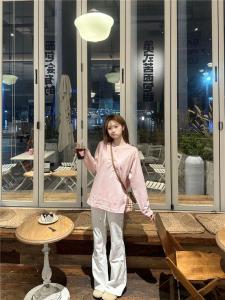 Loose Long Sleeve Pure Cotton Pink T-Shirt Womens Style Basic Inner Wear Base Shirt Sweet Sister Top Korean Version Commute