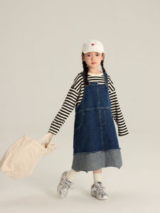 Korean Style Color Block Denim Overalls for Baby Girls Vintage Contrast Color Dress Spring Autumn Wear Cotton Blend Skirt