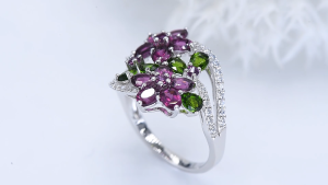 Lohaspie Jewelry Real 3.2 Carats Solid Sterling Silver 925 Ring Original Natural Rhodolite Garnet Chrome Diopside Ring 925 Silver Ring Women Original Garnet Ring For Women Jewelry