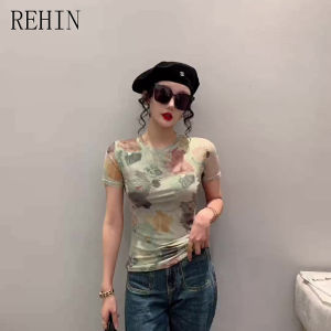 REHIN Áo Thun Tay Ngắn In Hình Desig Smudge Phối Lưới Thời Trang Hè Áo Mới Cho Nữ Áo Cánh Mỏng Xu Hướng Thanh Lịch Mẫu Hình Độc Đáo Cổ Tròn