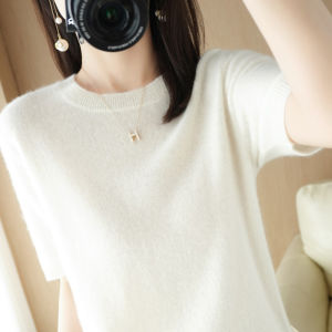 Loose Fit Wool Knitted Short Sleeve T-Shirt Korean Style Commute Fashion Softened mid Thickness Short Length Overhead Top