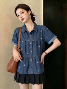 Slimming Design Blue Denim Short Sleeve Summer Shirt for Women