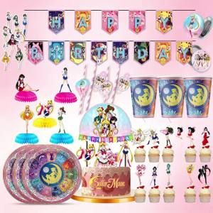Sailor Moon Themed Birthday Party Tableware Decor Cups Plates Flags Straws Backdrop Spiral Banners Cupcake Holiday Celebration