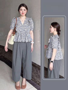 Summer Clothes Matching a Set of Slightly Oversized Girls Slim Looking Small Ruffles Floral Shirt Loose Pants Two-piece Set Womens Clothing