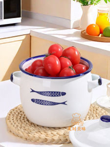Childhood Delight Enamel Storage Jar Wooden Fish Design Small Stew Pot Double Fish Bowl Noodles Soup Bowl Oil Container