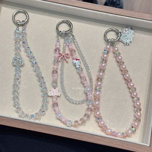 Sanrio | Kawaii INS Sanrio Hello Kitty 3D Crystal Glossy Beaded Phone Wrist Strap Keychain Bag Decor Pendant Anti-lost Handmade Lanyard