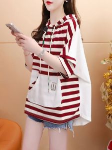 Áo Thun Cotton Cỡ Lớn Thời Trang Có Mũ Trùm Đầu Tay Ngắn Họa Tiết Sọc Thiết Kế Áo Thun Nữ Mùa Hè Thường Ngày