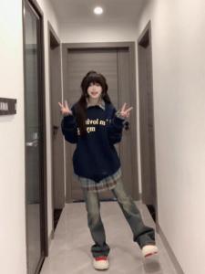 Oversized round Neck Sweatshirt Womens Autumn Winter New Arrival High Street Style Long Sleeve Hoodie in Royal Blue Color