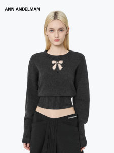 ANN ANDELMAN | Lace Hollow Bow Rhinestone Knit Short Top Long Sleeve