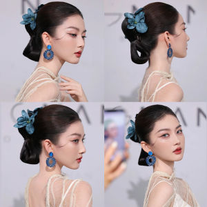 Retro Chinese Style Wedding Hair Accessories Blue Flower Headwear for Cheongsam Photography New Bride Morning Robe Gown