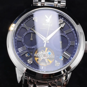 PLAYBOY นาฬิกาข้อมือผู้ชาย 2025 ดีไซน์ใหม่ ดีไซน์พระอาทิตย์และพระจันทร์ กลไกกันน้ำ เรืองแสง หน้าปัดกลวง ปฏิทินถาวร สายรัดสแตนเลส