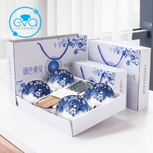 Bộ 6 Chén Sứ Tráng Men Thanh Hoa Hoạ Tiết Hoa Thiên Hương Trang Nhã Tặng Kèm 6 Đôi Đũa Tre Cao Cấp